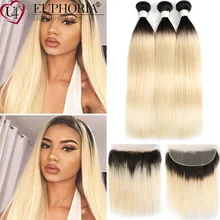 

Honey 1B 613 Straight Brazilian Remy Human Hair 3 Bundles With Lace Closure Frontal Ombre Blonde Bundles With Frontal EUPHORIA