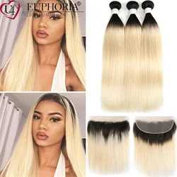 Honey 1B 613 Straight Brazilian Remy Human Hair 3 Bundles With Lace Closure Frontal Ombre Blonde Bundles With Frontal EUPHORIA