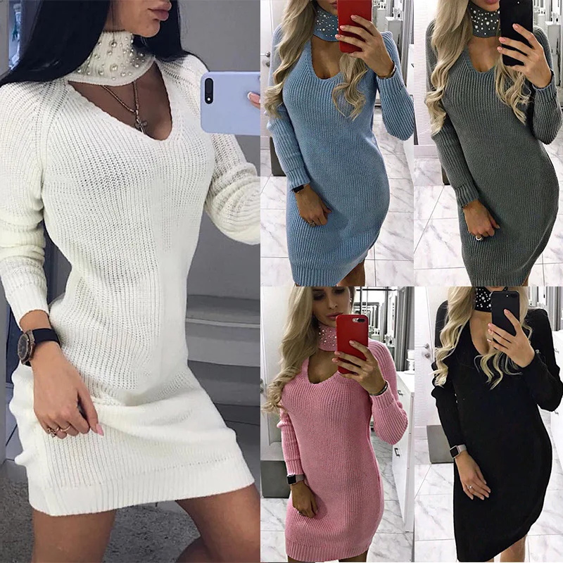 

Fashion Winter Dress Women Sweater Knit V neck Hollow Warm Long Sleeve Party Dress Pearl Decor Sexy formal dress Slim elegant