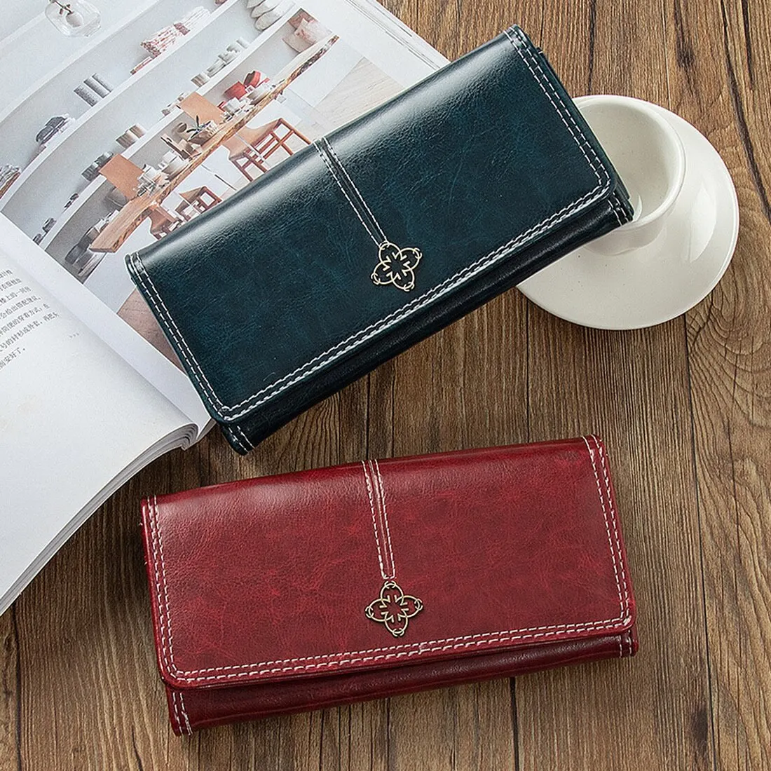 

Large Women Wallets Oil Wax Leather Wallet Fashion Top Quality PU Leather Card Holder Wallet For Women Clutch Money Phone Bag