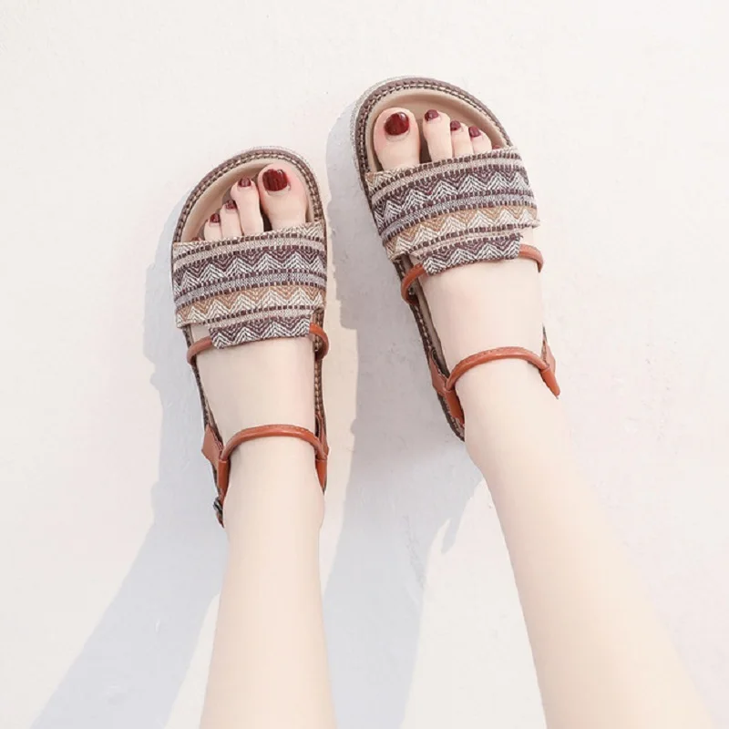 

Thick Sole Open Toe Ankle Wrap Buckle Canvas Women Sandals Mixed Colors Sponge Sole Lady Shoes 190415
