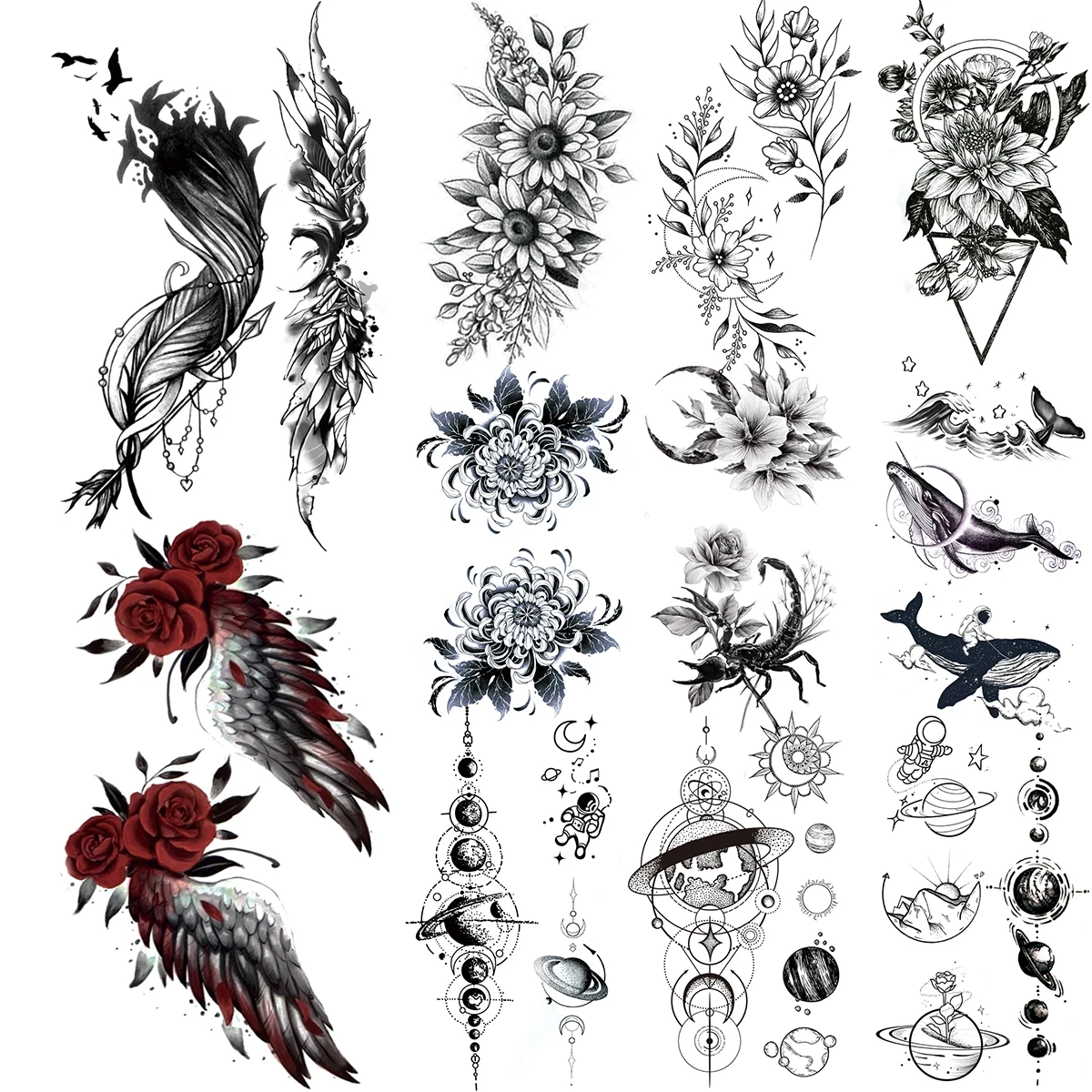 Tatouage Ailes D ange Dechu Signification Faux Tatouages Temporaires Pour Femmes Adultes, Ailes D'ange, Fleur De  Rose, Planète Baleine Marguerite, Faux Tatouage Réaliste, Art Corporel,  Autocollants Lavables - Tatouages Éphémères - AliExpress