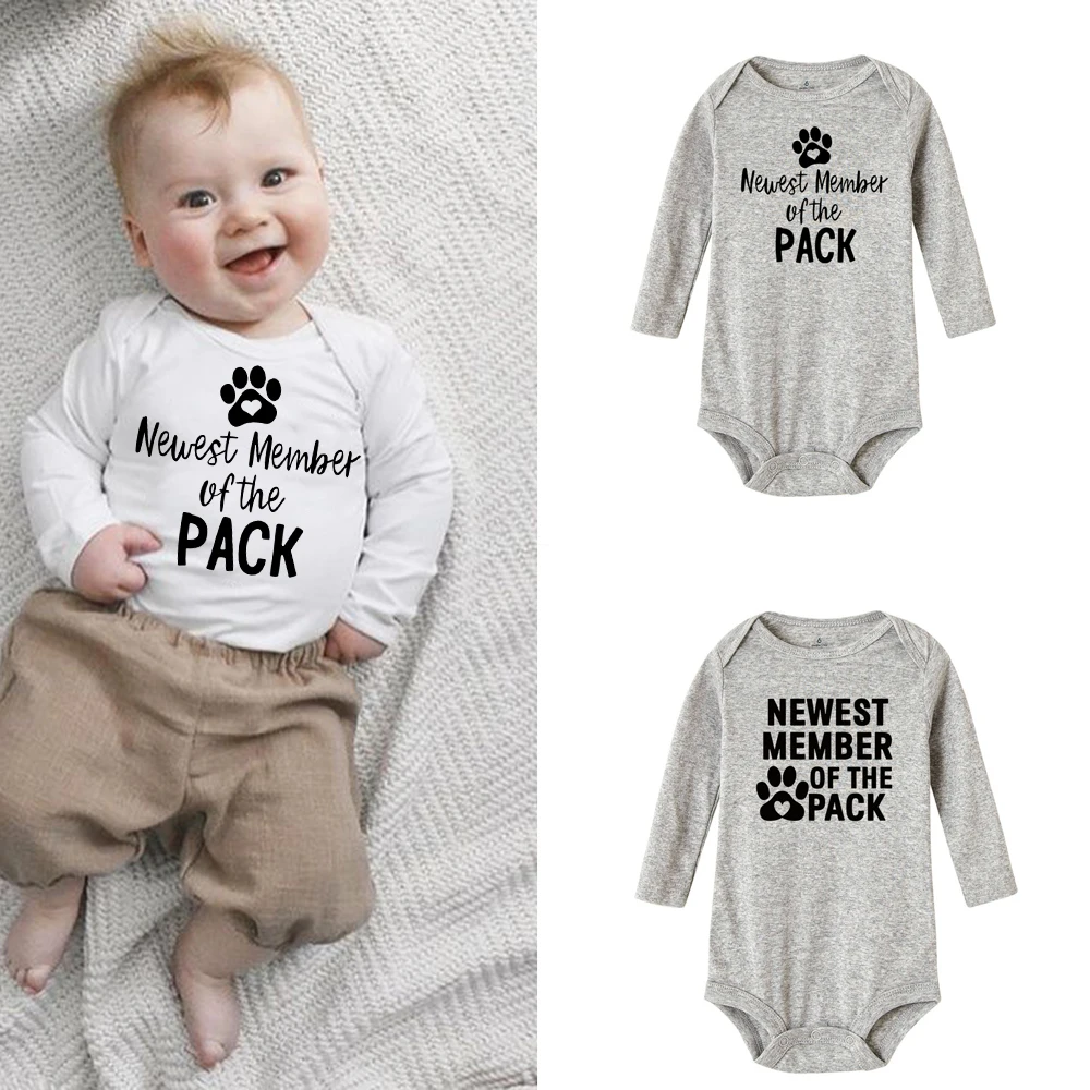 

Newest Member of The Pack Boys Girls Unisex Baby Bodysuits Long Sleeve Autumn Jumpsuit Baby Anouncement Outfit Newborn Gifts