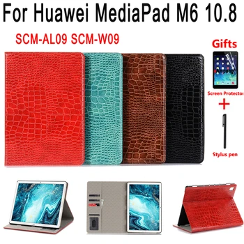 

Case for Huawei MediaPad M6 10.8 SCM-AL09 SCM-W09 Crocodile Premium Leather Flip Cover Tablet Shell + Pen + Film