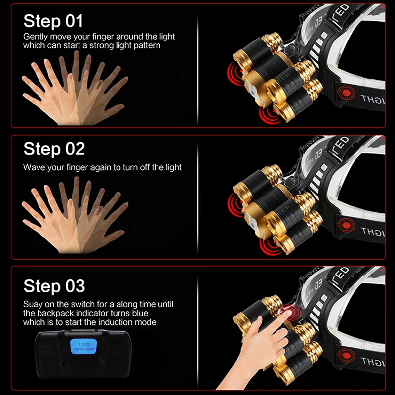 Умный светодиодный налобный светильник с ИК-датчиком 5/3 T6, с увеличением, высокая мощность, перезаряжаемый фонарь для рыбалки, 18650, Головной фонарь, водонепроницаемый
