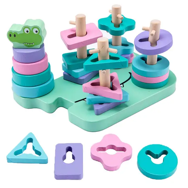 Wooden Puzzles Building Block Montessori Toys Wood Educational Geometric Shapes Recognition Stack Sort Education Puzzle Toy 5