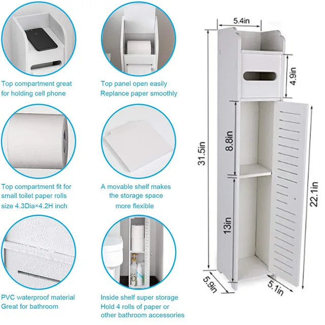 Small Bathroom Corner Floor Cabinet Toilet Vanity Cabinet Narrow Bath Sink Organizer Towel Storage Shelf for Paper Holder white