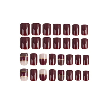 

30Pcs Fake Fingers Nail Art Fake Nails Striped diamond Diy Nail Art Ultra-thin Fake nails with glue Accessory (Claret)