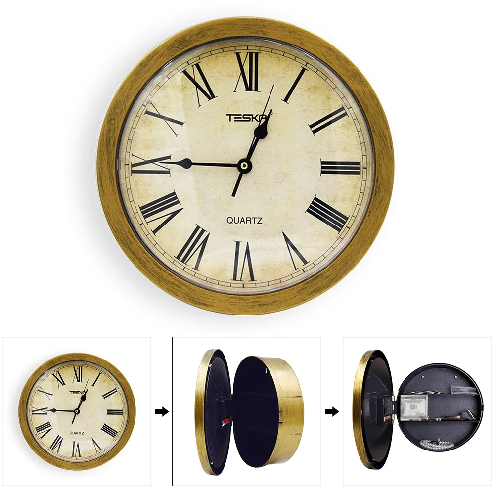 Clock Watch Home Vintage Retro Wall Hanging Jewelry Pointer Secret Storage Office Cash Security Safety Box
