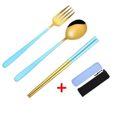 tableware-14 Нержавеющая сталь Slient палочки для еды ложка набор с ящиком для хранения сумка студенческая милая посуда для пикника портативная столовая посуда розовый синий - Цвет: tableware-14