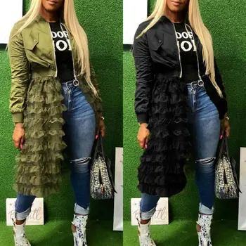 

2019 Fashion Women Solid Color Jackets Long Sleeve Zippered Casual Ruffled Mesh Sheer Patchwork Long Jacket Coat