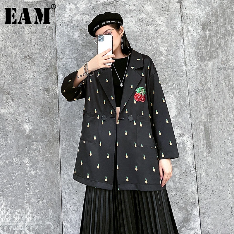 

[EAM] Loose Fit Black Pattern Printed Split Temperament Jacket New Lapel Long Sleeve Women Coat Fashion Tide Spring 2020 1R448