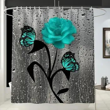 

DishyKooker Flower Butterfly Printing Shower Curtain/Bathroom Mat Set Carpet Floor Mat