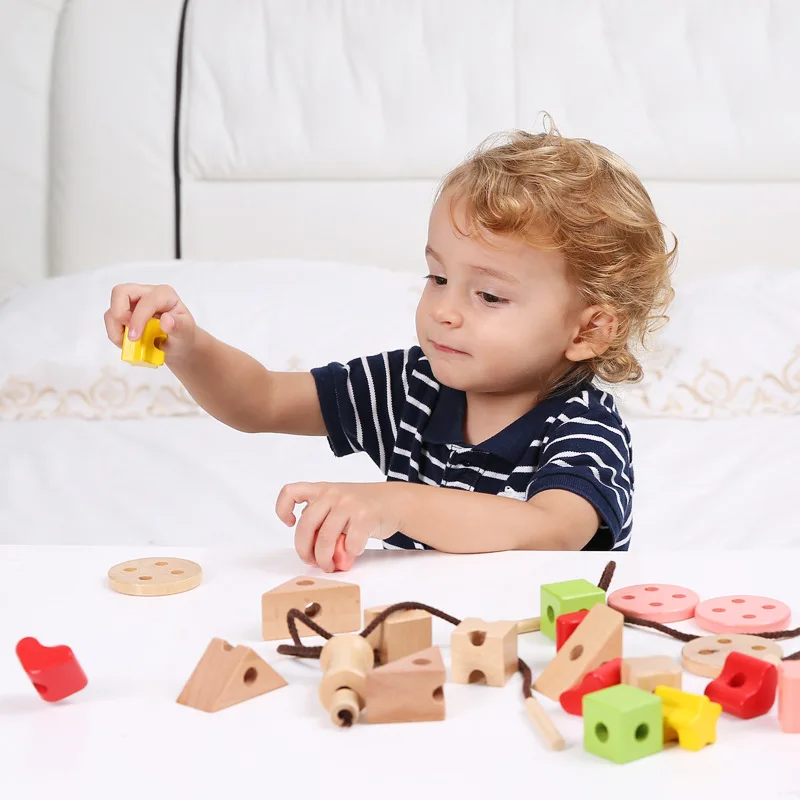 Wooden children's puzzle shape cognitive hand-eye coordination DIY sewing beaded toy rope stringing building block gift