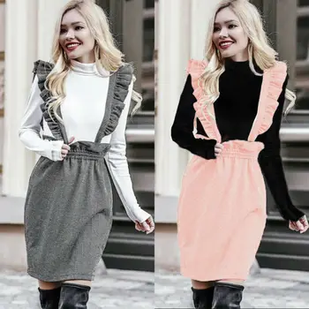 

Women Brace Pinafore Mini Suspender Skater High Waist Ruffle Skirt High Waisted Bodycon Strap Overall Party Skirt Party Summer