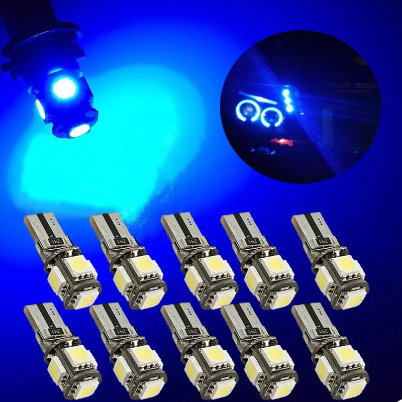 

10Pcs Blue T10 W5W 5050 5SMD LED Canbus Error Free Bulbs For 192 168 194 Clearance Lamps License Plate Lights 12V