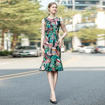 

High Quality Spring Summer 2020 New Women'S Fashion Workplace Party Sexy Vintage Elegant Chic Printed Midi Tank Mermaid Dress