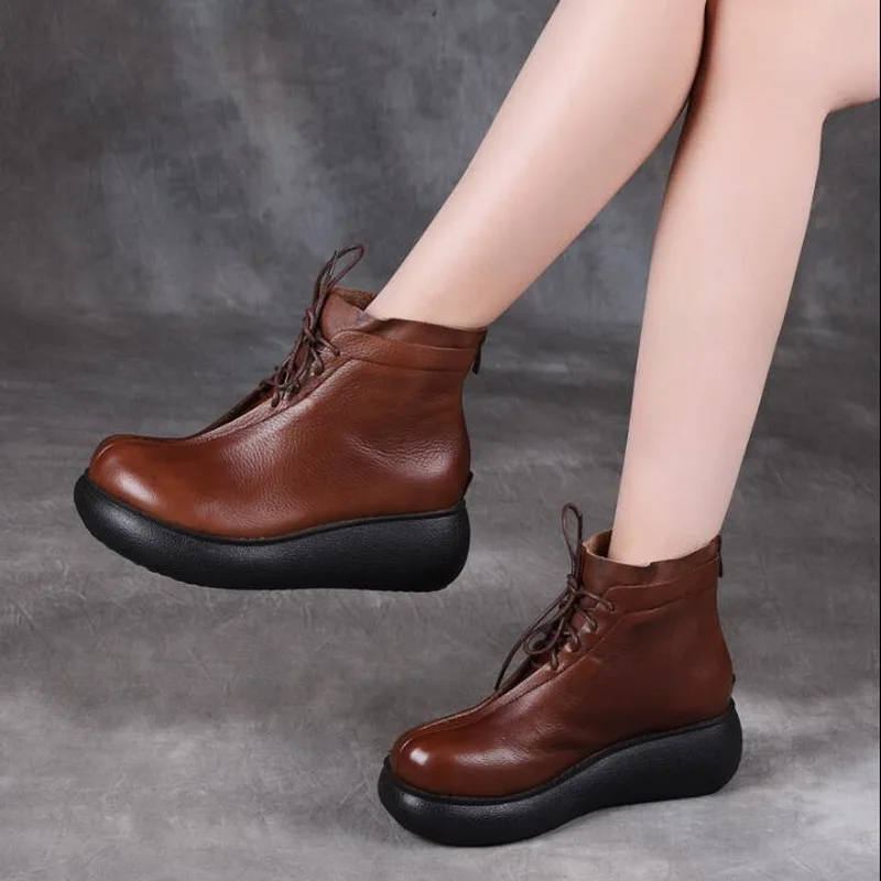 

New Autumn Winter Retro Round Toe Women's Boots Genuine Leather Wedge Heel Ankle Boots Women Platform Boots