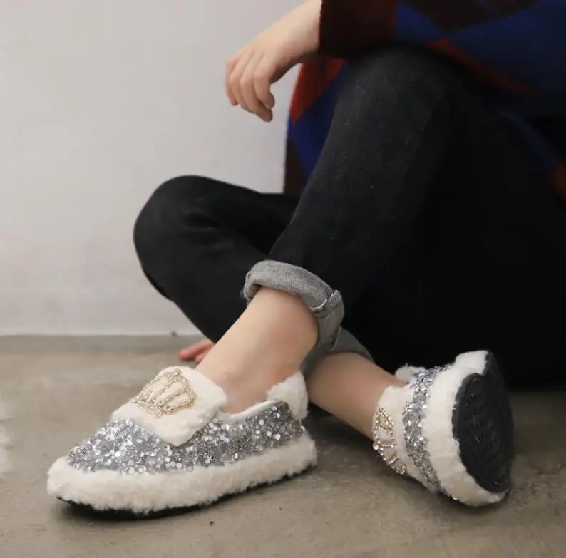 Winter girls doug shoes kids loafers children Princess shoes baby flat kids cotton fur shoes fashion glitter bow lacing - Цвет: as pictures