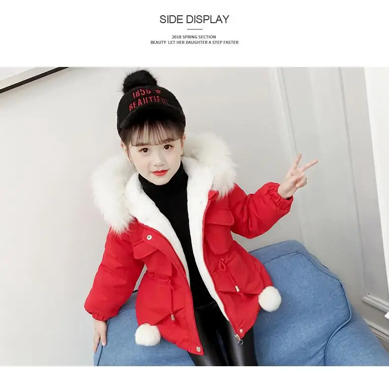 Winter Kids Girls Thickening Faux Fur Collar Cotton Jacket Baby Girls Hooded Casual Warm Outwear Children Padded Parkas K61