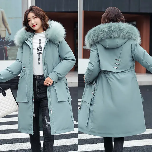 Vielleicht -30 Degrees Women Jacket Long Parkas Female Coat Winter Warm Removable Fur Lining Hooded Winter Jacket Women Outwear Turquoise