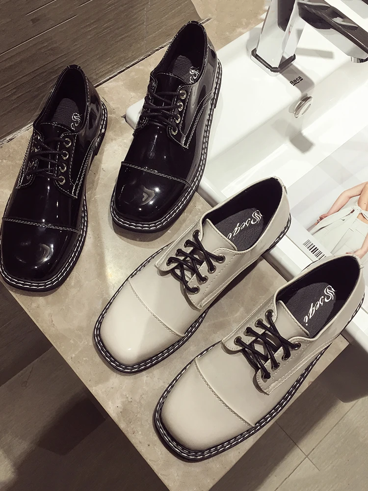 Женская кожаная обувь новинка 2019 Осенняя Квадратные Туфли на шнуровке в стиле