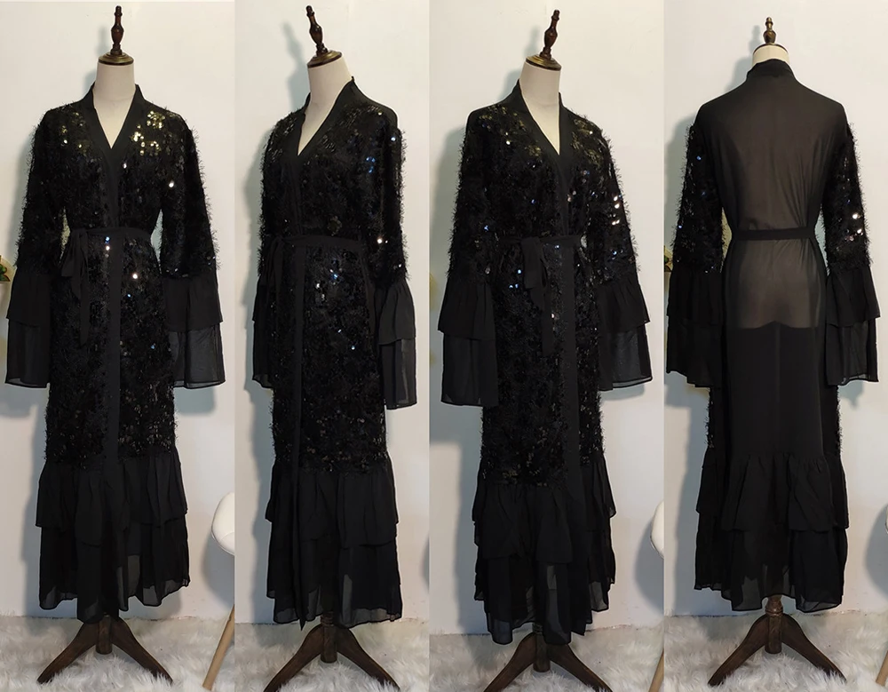 Black cardigan Sequin Дубай абаи кимоно кардиган хиджаб мусульманское платье для женщин турецкие платья халат ислам кафтан марокканский кафтан ислам ic одежда - Цвет: Black cardigan