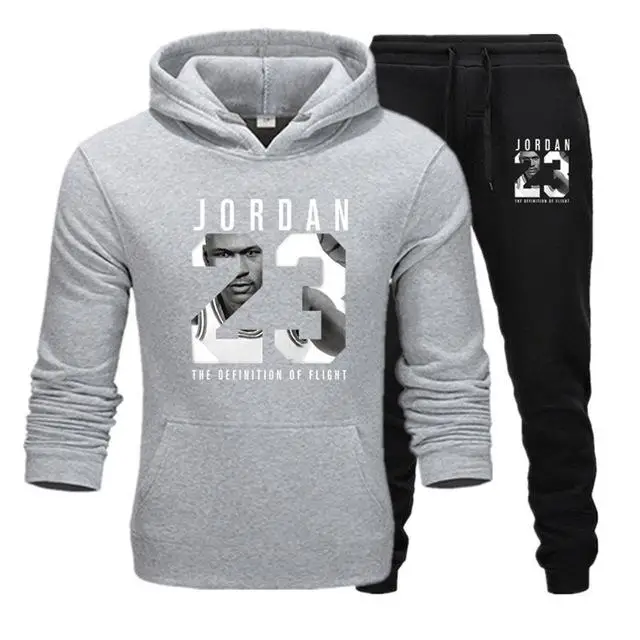 Новинка, брендовый спортивный костюм, модный JORDAN 23, мужская спортивная одежда, комплект из двух предметов, хлопок, флис, Толстая Толстовка с капюшоном+ штаны, спортивный костюм для мужчин - Цвет: LightgrayblacK122123