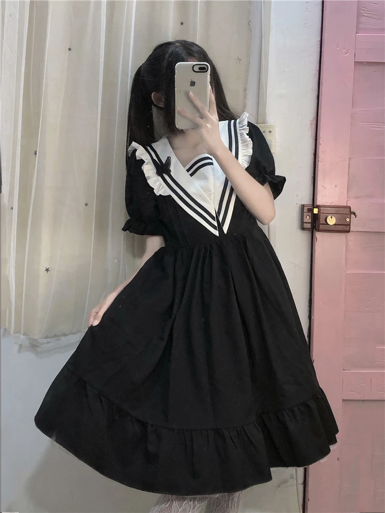 Japanese College Style Soft Girl Dress Sweet Sailor Collar Butterfly Cute Puff Sleeve Dresses Kawaii Ruffles High Waist Dress