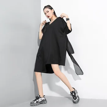 

2020 Summer Splice Sequins Loose Short Sleeve Black T Shirt Female Streetwear Hip Hop Gothic Irregular Tshirt Dress Tops 928