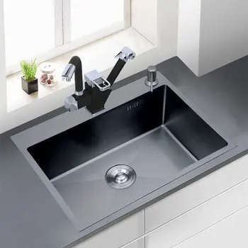 

2 Sizes 3mm Thickness Black Nano-coating Stainless Steel Kitchen Sink Single Bowl Vegetable Washing Groove and Accessories