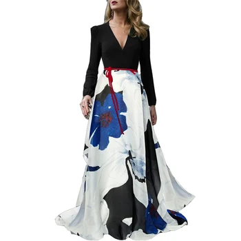 

2019 Women Casual Dress Floor Length Autumn Print Party Vestidos V-neck Ladies Elegant Vintage A Line Dresses Plus Size