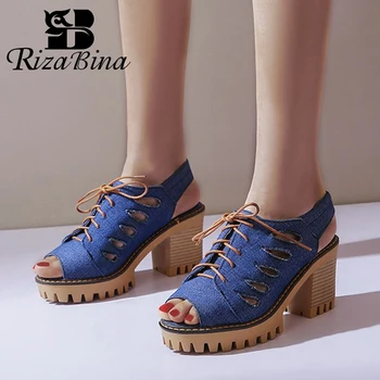 

RIZABINA Non-Slip Women Sandals Ethnic Style Peep-Toe Shoes Women Square Heel Cross-Tied Solid Color Casual Zapatos Size 34-43