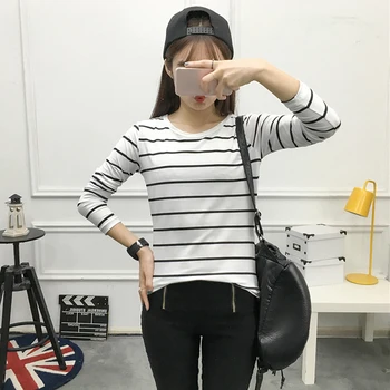 

Women T-Shirt Autumn Long Sleeve O-Neck Striped Female T-Shirt Casual Slim Slimming Top Feminino Vestido