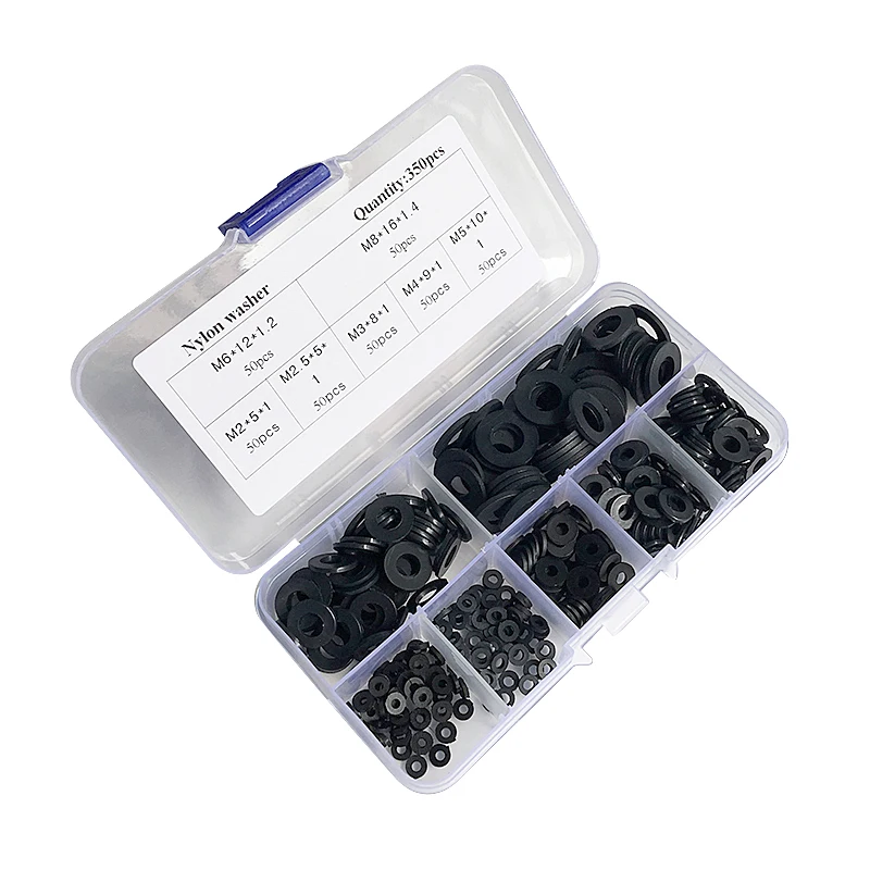 

350Pcs Black M2-M8/PCB Nylon Plastic Washer Bolt Assortment Kit Set With Plastic Box Gasket Ring Fastener Hardware