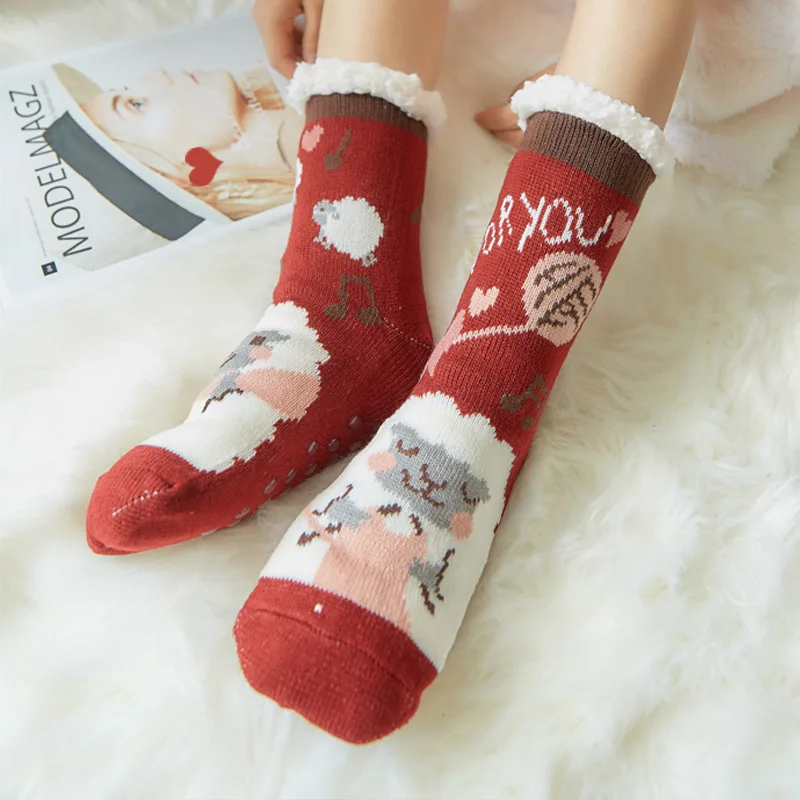 Милые женские Носки с рисунком овечки; зимние толстые теплые носки-тапочки; мягкие дышащие носки для сна; изысканный подарок на год; рождественские носки - Цвет: 1