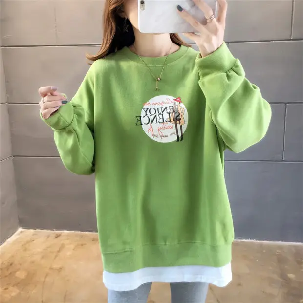 

Spring and Autumn Korean fashion boutique loose thin section O collar color matching long sleeve large size women's pullover