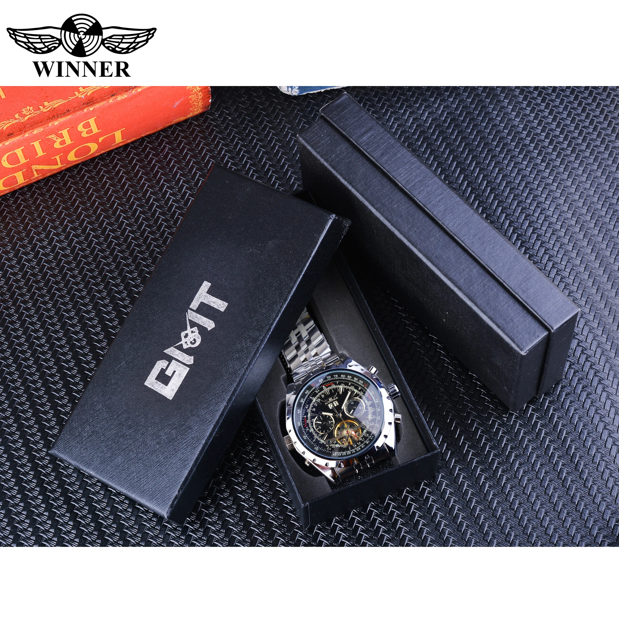 Jaragar Черный Tourbillon Мужские часы автоматический большой циферблат светящаяся Дата дисплей из нержавеющей стали ремешок механический стимпанк Relogio