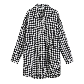 

Miguofan Autumn winter trench coats plaid tassel women jackets trench pocket casual trench vintage houndstooth oversize overcoat