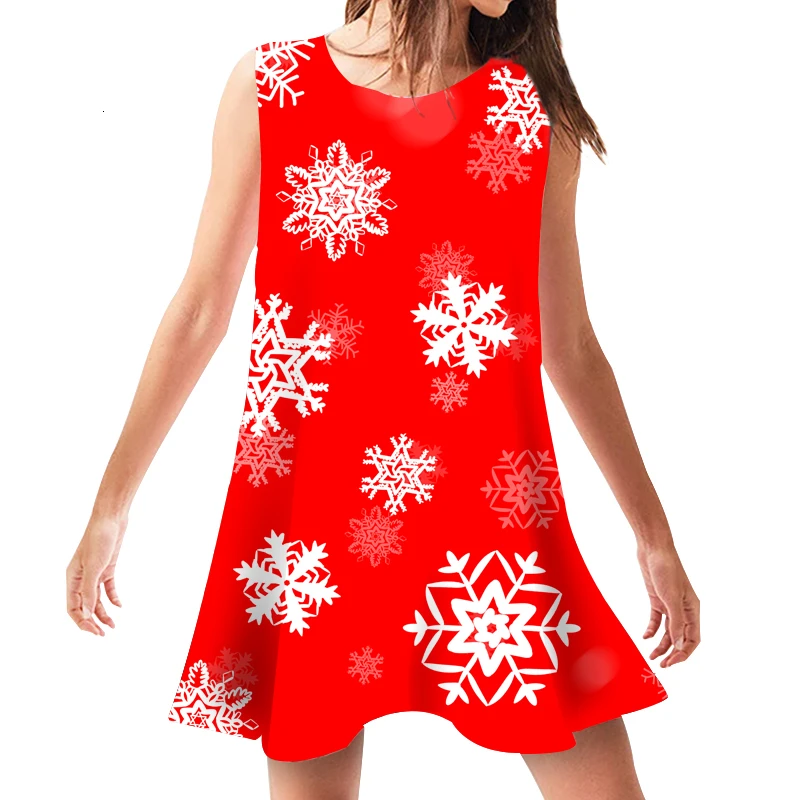 

Christmas Dress Women 2019 Summer Dresses Loose Vintage Print Beach Wear O Neck Casual Sundress Swing Sleeveless Clothing