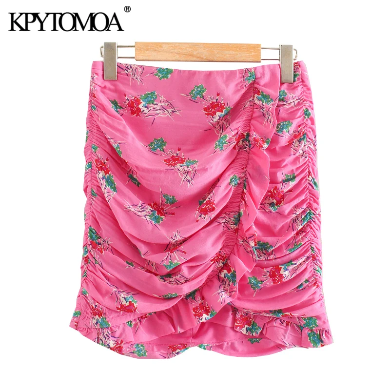 

KPYTOMOA Women 2020 Chic Fashion Floral Print Draped Mini Skirt Vintage High Waist Back Zipper Ruffled Female Skirts Mujer