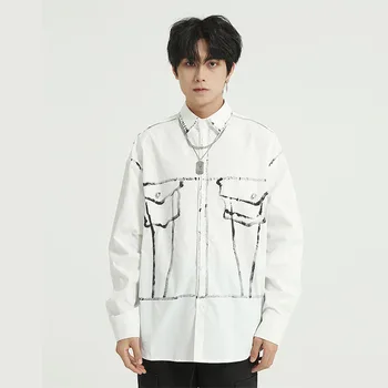 

Japan Korea Style Male High Street Hip Hop Loose Shirts Men Hand-drawn Pattern Casual Long Sleeve Shirt
