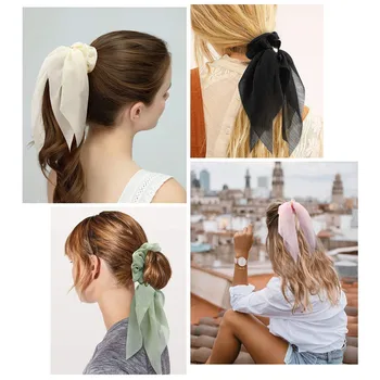 

DIY Solid/Floral Print Bow Satin Long Ribbon Ponytail Scarf Hair Tie Scrunchies Women Girls Elastic Hair Bands Hair Accessories