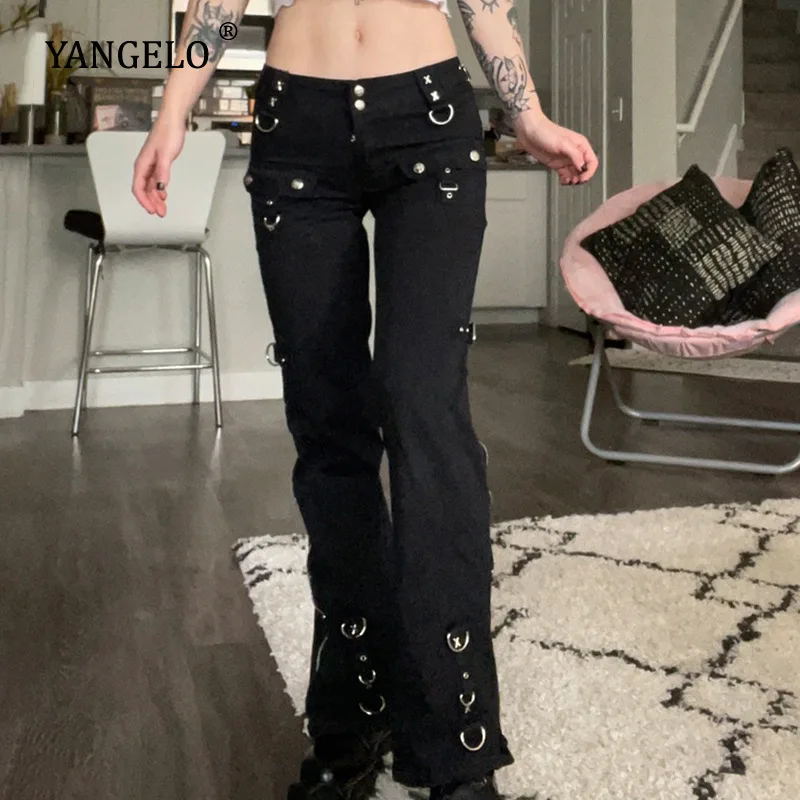 Yangelo Dark Punk Y2k Grunge Low Waist Emo Jeans Mall Gothic Women Black Patchwork Electro Pants Fashion Streetwear Alt Clothes gothic y2k girl streetwear grunge black high waist straight pants goth punk faux pu leather pants women autumn trousers techwear