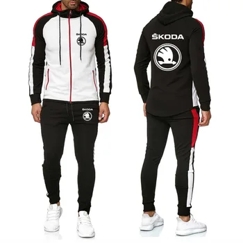 

Mens jacket sweatshirt for Skoda Car Logo Printed Spring Autumn stitching Color Matching Men's jackets+Pants 2Pcs Suit