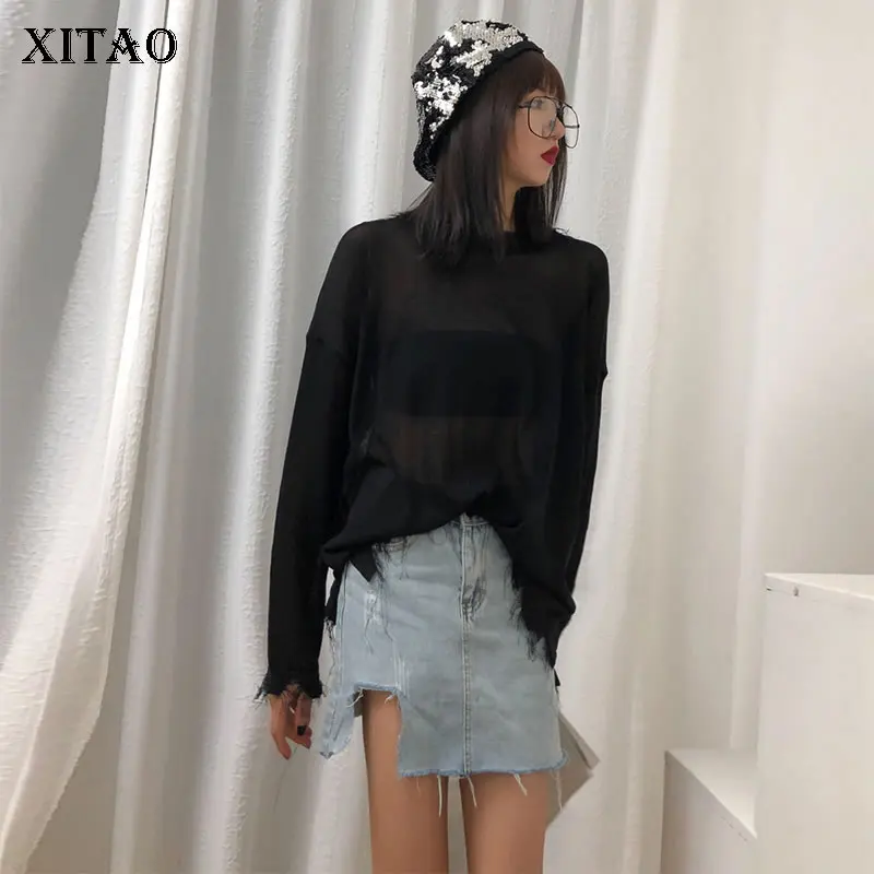XITAO черная белая футболка с потертыми краями женская одежда 2019 Модная тонкая