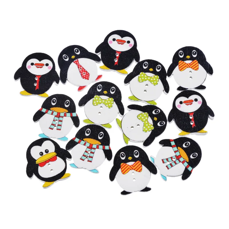 

50Pcs/Lot Lovely Painting Penguin Wooden Sewing Buttons For Children Clothing Decorative Wood Accessories For Needlework Diy