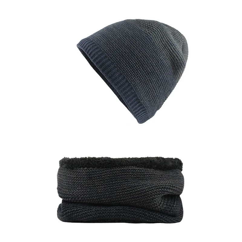 Вязаный набор шапки и шарфа зимний Gorros ребристый Повседневный дышащий капот открытый стрейч толстый шейный платок Осенняя шапочка-бини - Цвет: Navy Blue Set