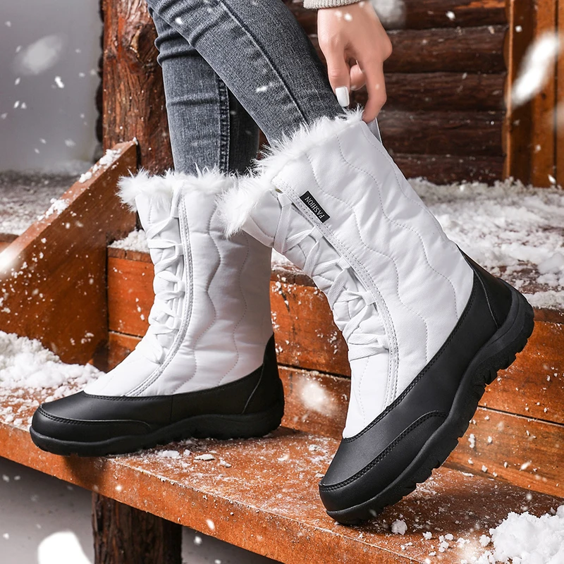 Womens Winter Boots Snow Boots Womens Fur Lined Warm Winter Boots Ladies Warm Shoes Waterproof and Anti-Slip Mid Calf Winter Walking Boots