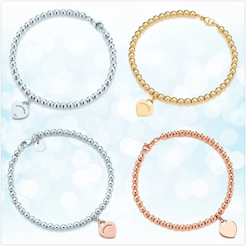 Ceny Srebro 925 klasyczna popularna oryginalna moda wisiorek kształtowany w kształcie serca 4mm kule bransoletka damska biżuteria prezent świąteczny